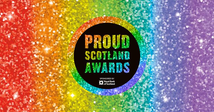 Proud Scotland Awards logo on a glittery multi-coloured background