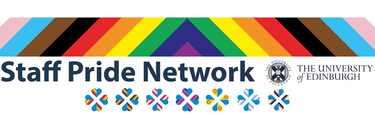 Progress flag stripes with ‘Staff Pride Network’ text, the University of Edinburgh logo, and 7 variations of the SPN logo depicting various LGBTQ+ community flags