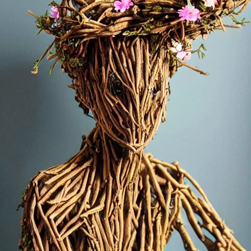 anthropomorphic tree woman sculpture made from twigs wearing a crown made of flowers and leaves