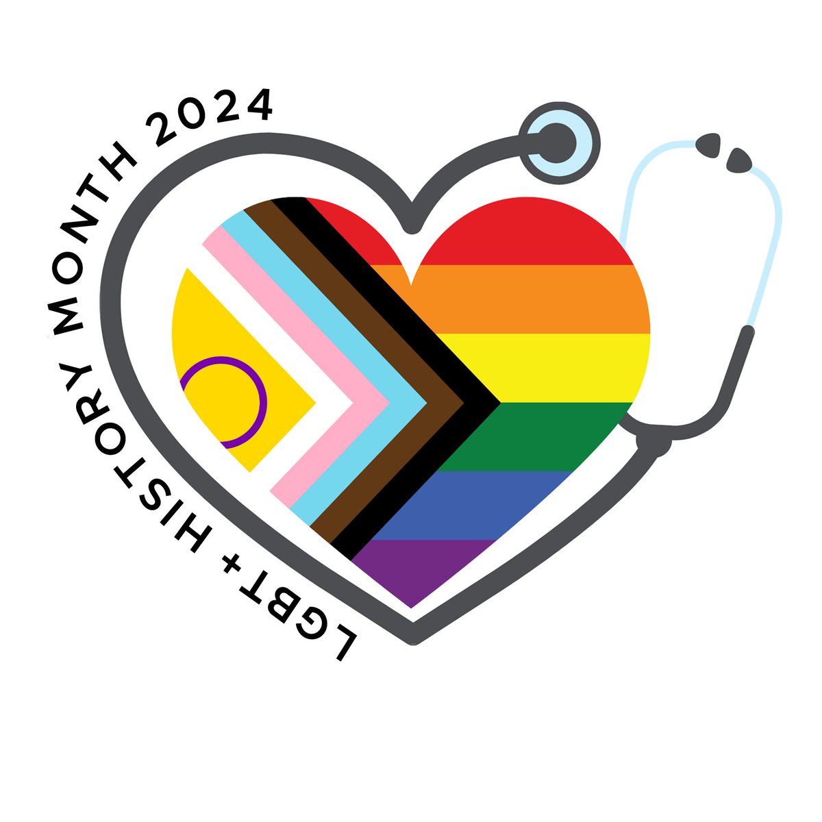 LGBT+ History Month 2024 logo, progress flag heart with stethoscope to indicate Medicine theme