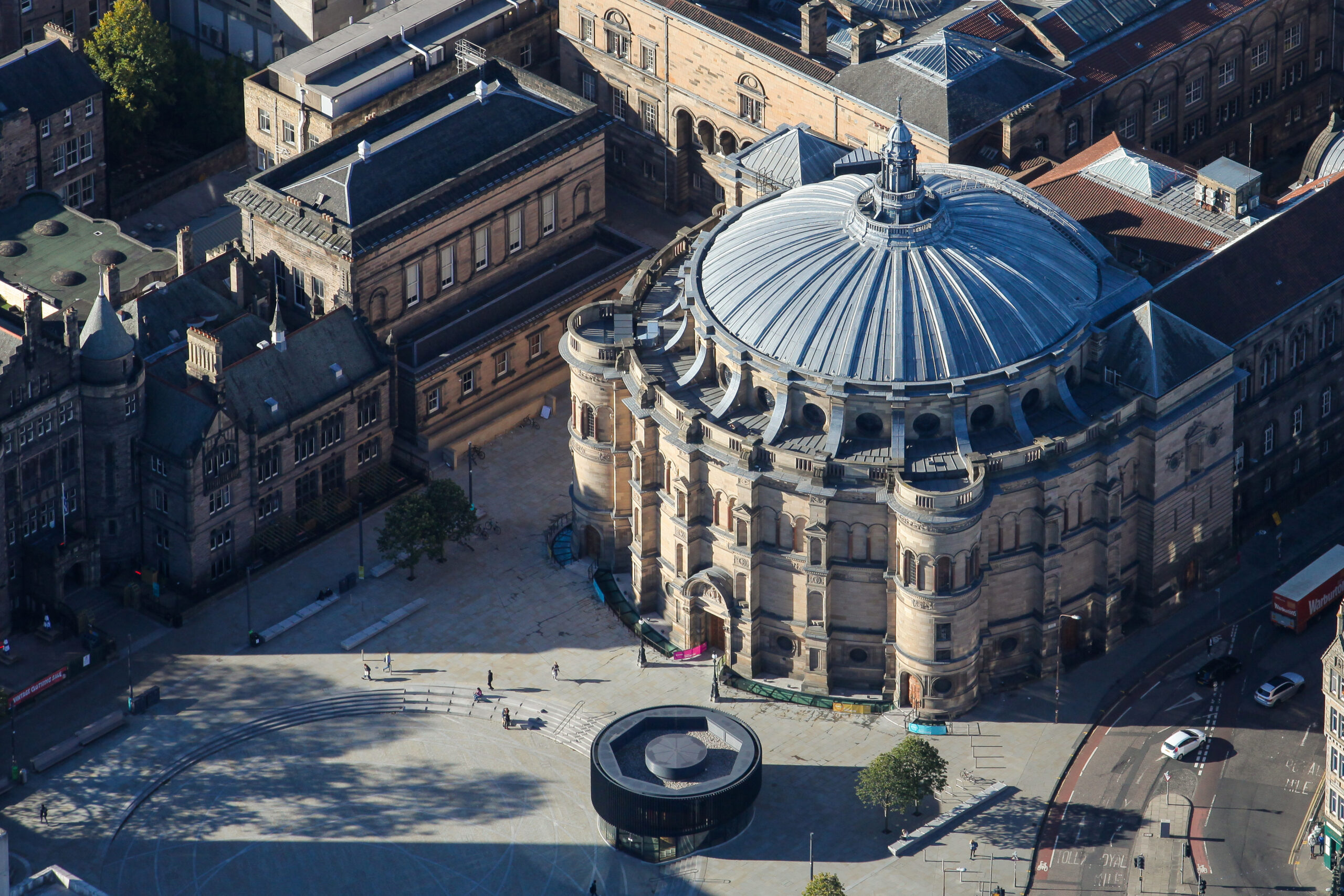 An aerial view looking down on Bristo Square and the grand McEwan Hall