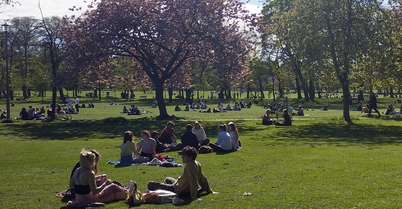 View of the meadows, with people sitting on the grass on a sunny day