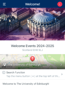 University of Edinburgh Events app homescreen screenshot. Shows an image of Bristo Square and the copy Welcome Events 2024-2025 and search function information.