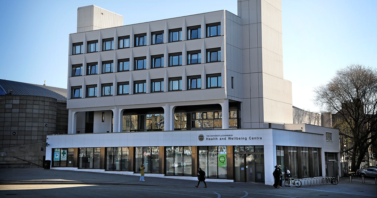 Exterior of The University of Edinburgh Health and Wellbeing Centre in Bristo Square.