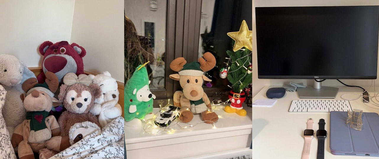 A selection of images including teddies arranged on a bed, christmas decorations and a computer monitor.