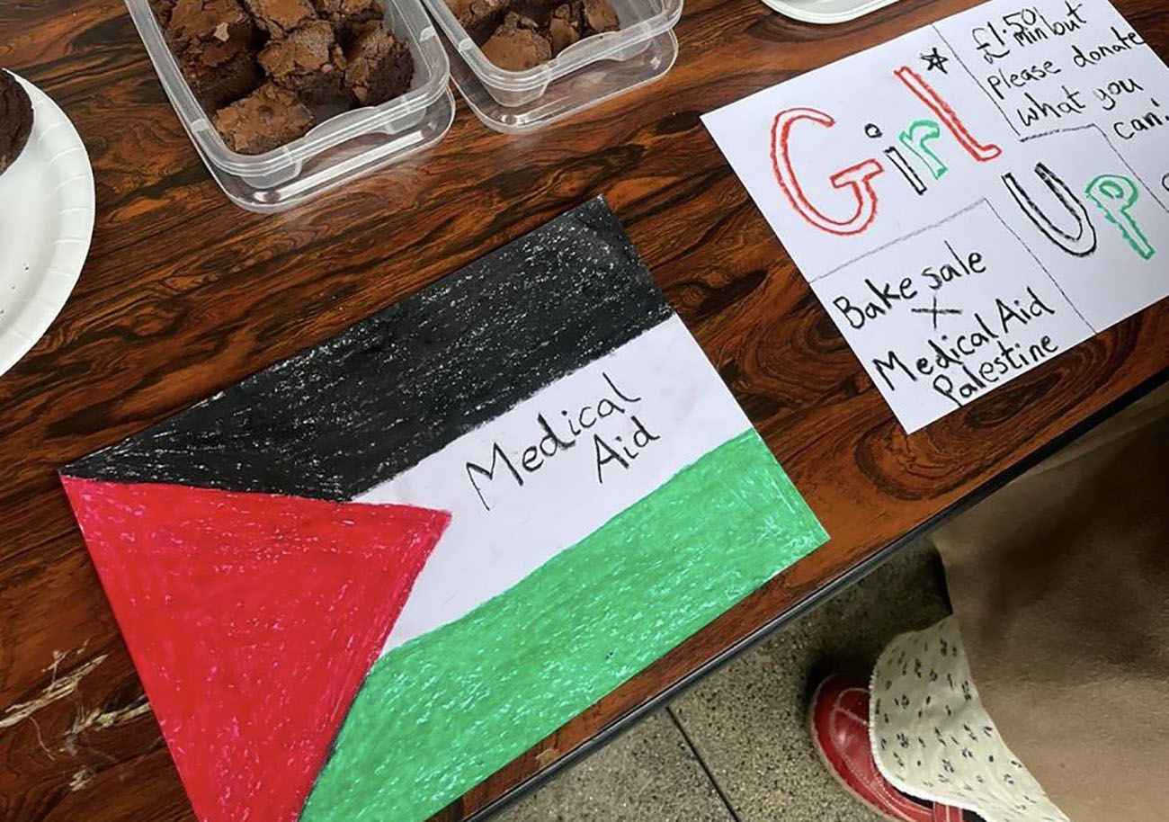 Drawing of a Palestine flag with medical aid written on it.