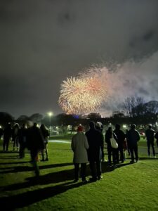 A firework display seen from the Meadows.