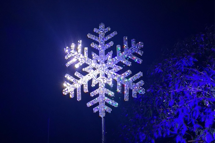 A snowflake decoration lit up.