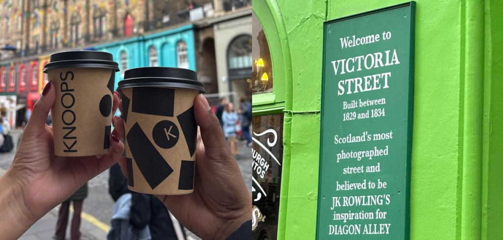 Left - Two take away coffee cups with Edinburgh Old Town in the background. Right - A street sign which says 'Welcome to Victoria Street'