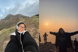 Photo collage of Bliss taking a selfie in front of Arthur's seat and then posing at the top of Arthur's seat.