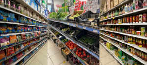 Interior of Maqbool's supermarket, showing fresh and packaged food.