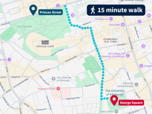 A map of Edinburgh, highlighting a walking route from Princes Street to George Square