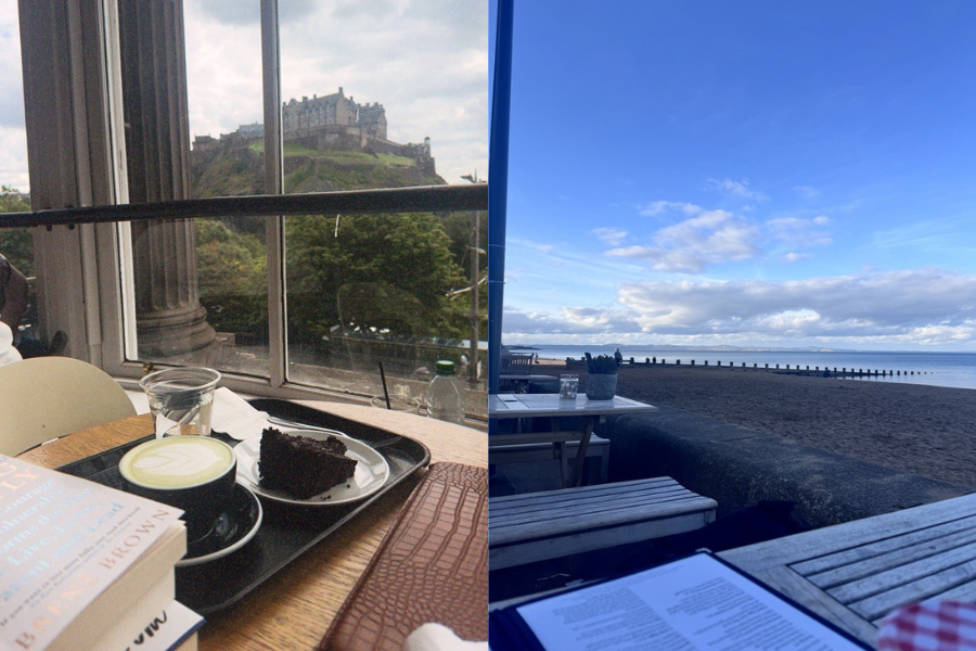 A collage of a cafe with Edinburgh Castle in the background and Portobello Beach. There are study materials in both.