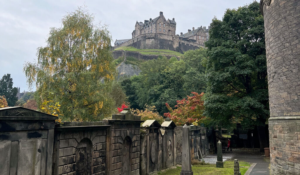 View of Edinburgh Castle from a grave year.