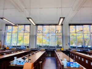 Interior of Ashworth labs showing roads of wooden benches.
