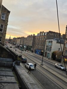 Orange hue sky above a street in Leith, Edinburgh. 