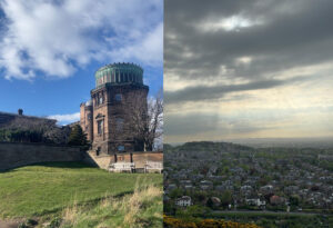 Photo montage of Royal Observatory on the left and views of Edinburgh from the top of Blackford Hill.