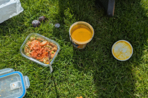 A prepared meal accompanied by a tub of soup, placed on grass.