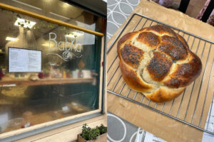 Collage of two photos. firts photo Exterior of Babka in Edinburgh. A window full of baked goods. Second photo a birds eye view of challah.