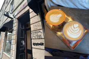 Photo collage. Phot on left shows exterior of Beatnik Coffee. The photo on right shows two coffees with latte art on a table.