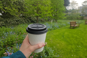 Someone holding a cup of coffee in a park with greenery and a bench in the background.