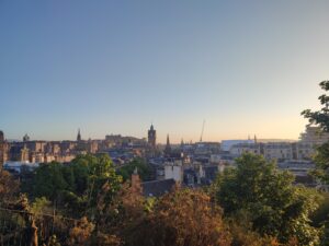 View of Edinburgh city skyline from Calton Hill. 