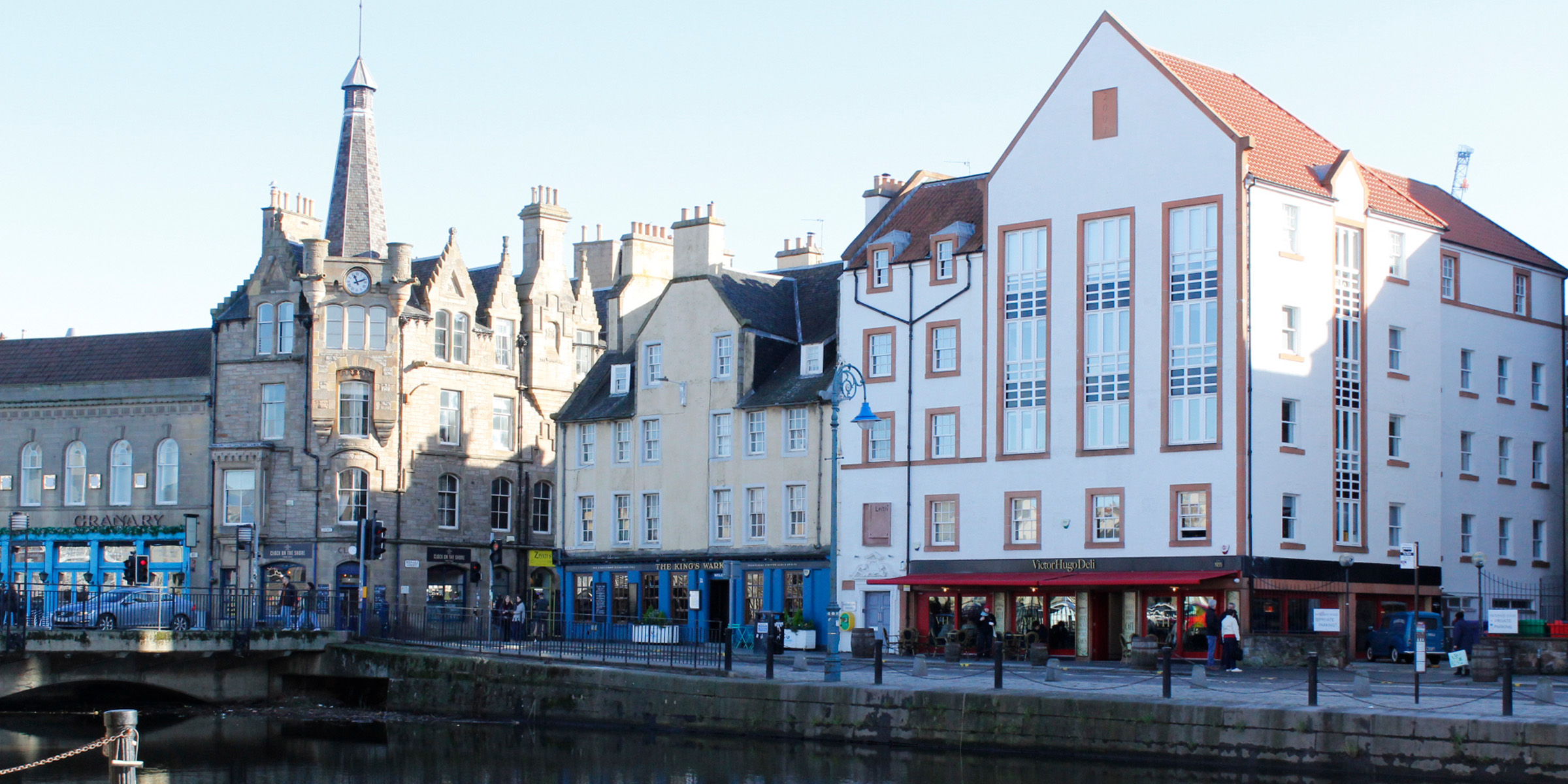 The Shore in Leith, Edinburgh. A mixture of buildings line the waterfront.