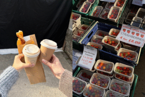 People holding their coffee cups and pastry; punnets of strawberries and tomatoes.