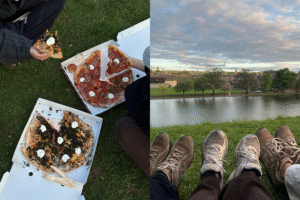 Two boxes of pizza; pairs of shoes with Inverleith Park in the background.