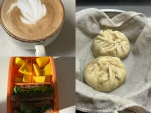 A collage of three photos: one featuring a cup of coffee; one with a sandwich and mango chunks; and one with two homemade beef baozi.