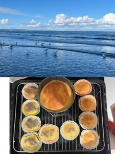 A collage of two images; one with birds on a beach, and one with homemade desserts.