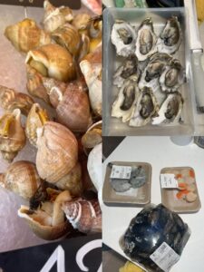 A collage of three photos all featuring seafood.
