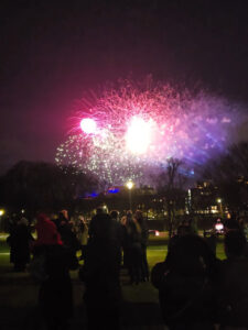 Pink and purple fireworks above Edinburgh Castle. A crowd of people are gathered around watching.