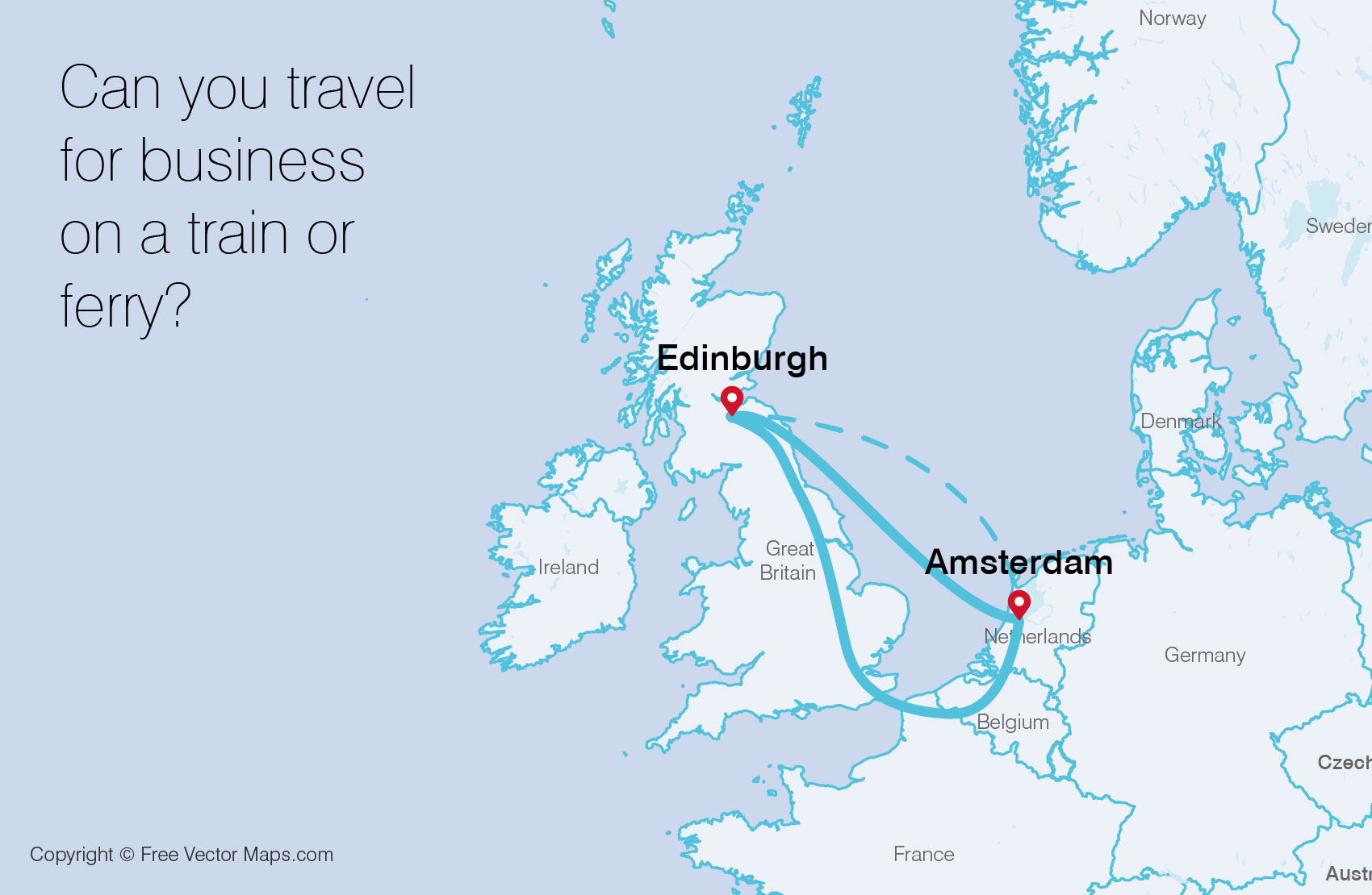 Map of Europe with routes marked for flights, ferry and train from Edinburgh to Amsterdam