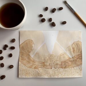 Coffee art of two workers with coffee beans, paint brush and cup of coffee