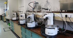 Four rotary evaporators connected to one chiller (top right)