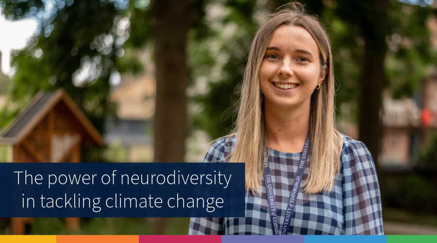 Eve smiles against a green background. Text reads "The power of neurodiversity in tackling climate change"