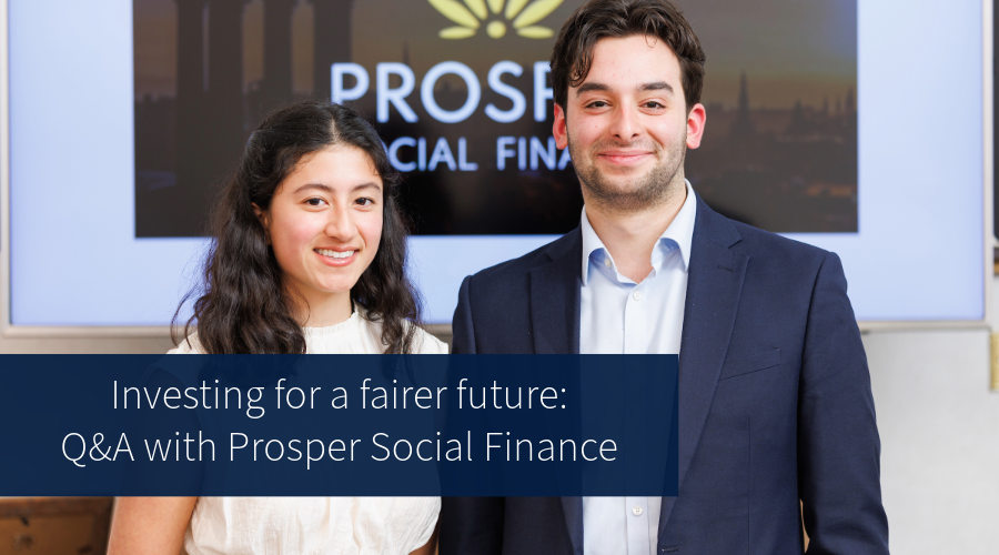 Jasmine Lee-Tin and Aaron Jiminez stand in front of the Prosper Social Finance logo. Text reads: Investing for a fairer future: Q&A with Prosper Social Finance