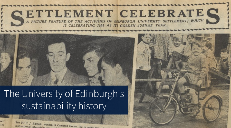 Newspaper clipping, with the title "Settlement Celebrates", with archive photographs
