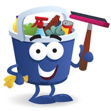 Cartoon of cleaning products in bucket