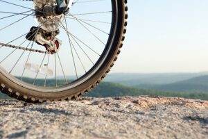 View from mountain top with bicycle wheel in front