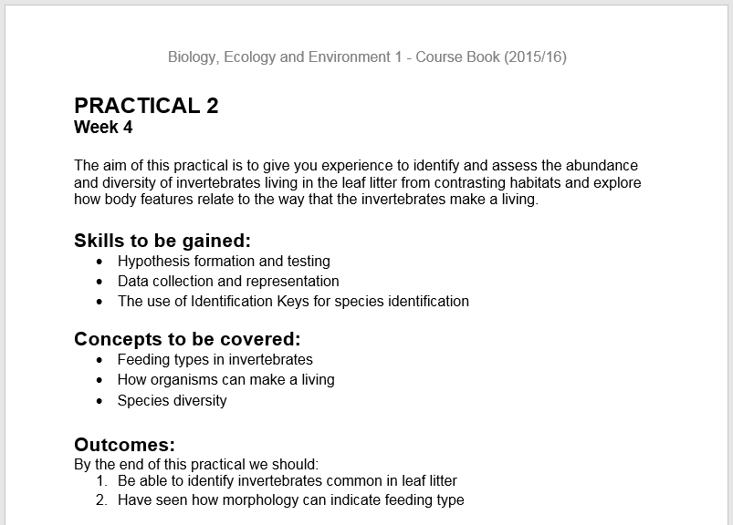 Excerpt of the first page in course guide for the relevant practical.