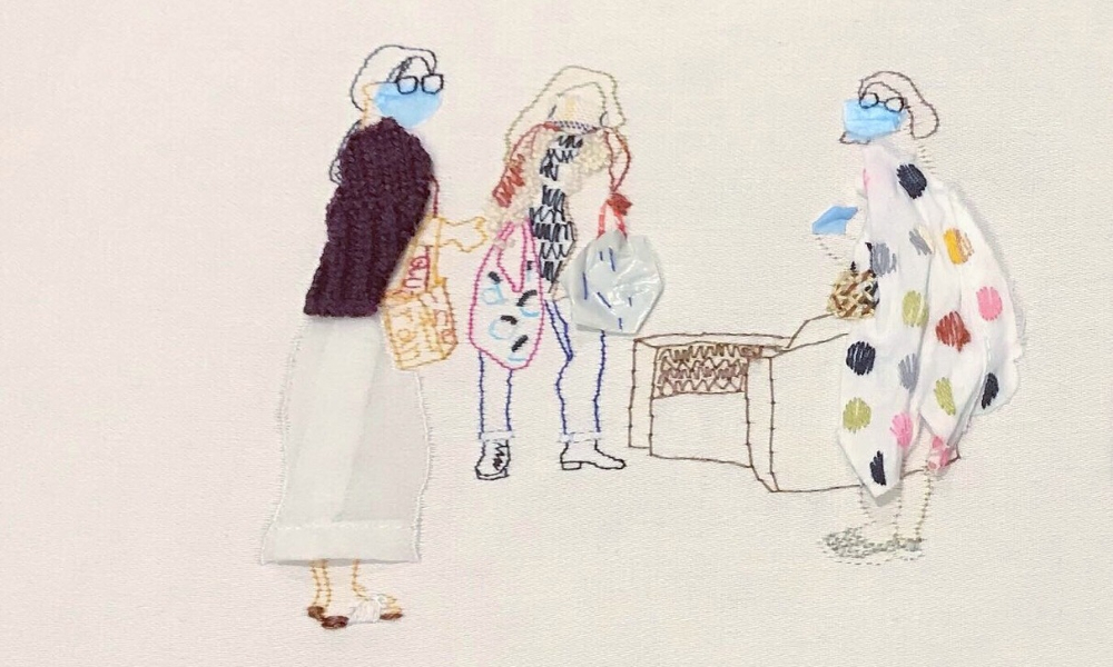 Illustration produced with hand embroidery of three women wearing masks carrying bags