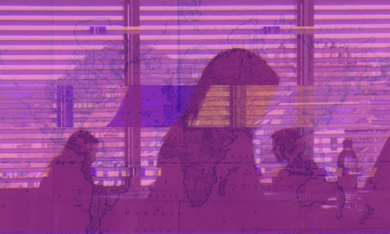 Mashup image of students in the library with a world map in the background.