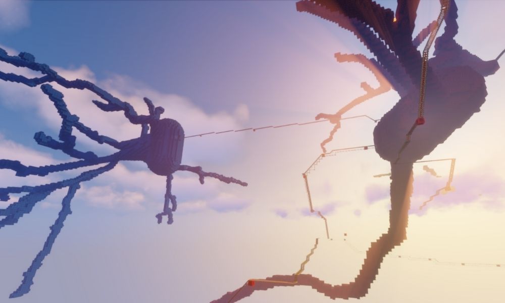 A screengrab of the Minecraft world created by the author featured Neurons rendered using Minecraft blocks. 