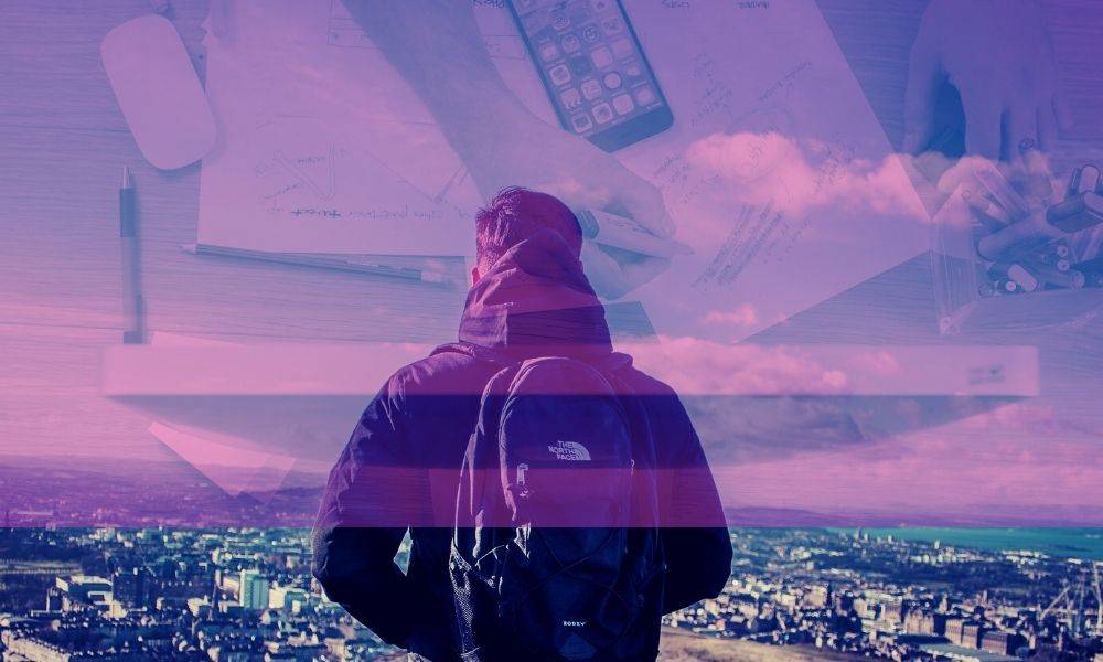 Image of man overlooking city of Edinburgh with image of person working at a laptop superimposed on the sky