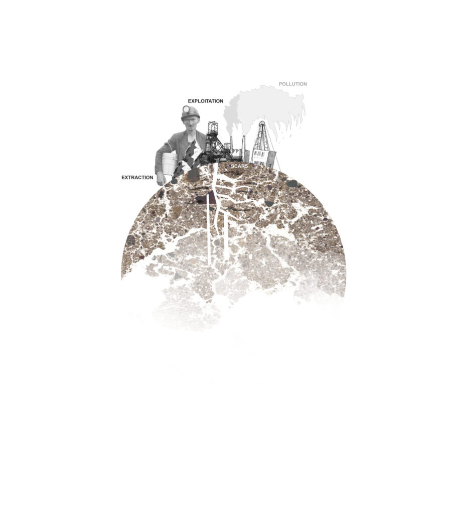 Mixed-media illustration of coalminers and equipment on top of a globe made out of coal