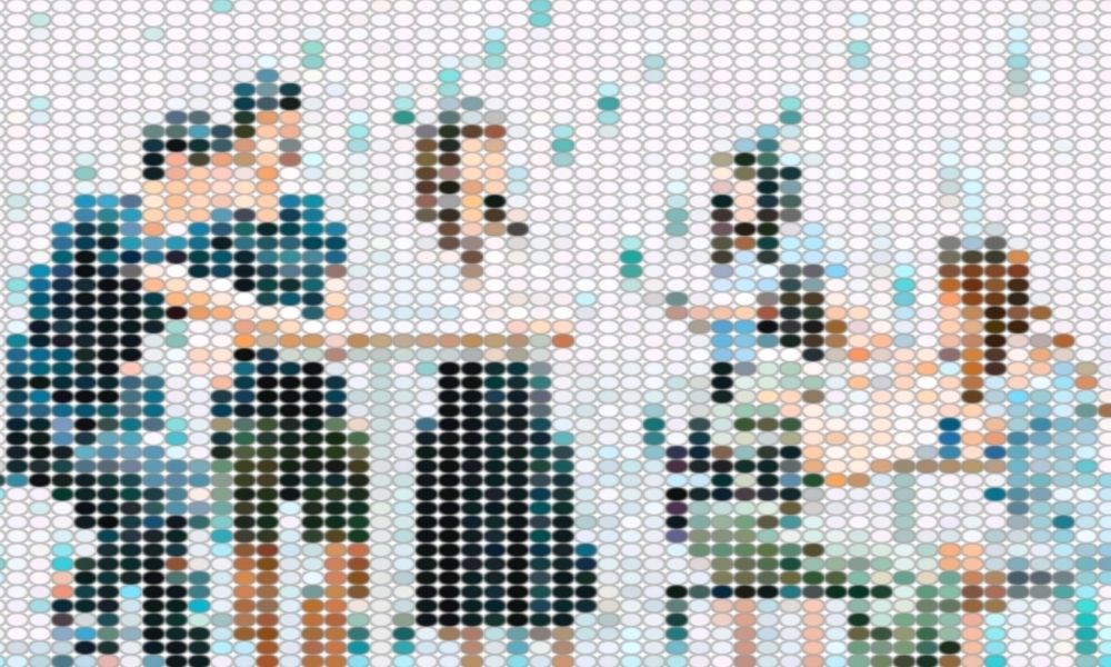 Pixelated image of students discussing