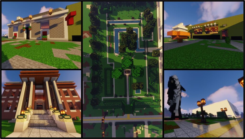 Screengrab of a virtual world created by the authors. The image depicts buildings with columns, manicured lawns and cobblestone pathways. 