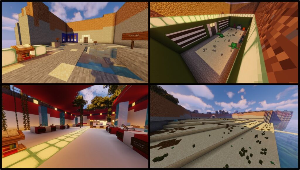 A screengrab of a set of pictures depicting outside courtyards, indoor collection areas and open spaces with blue skies and a sea. 